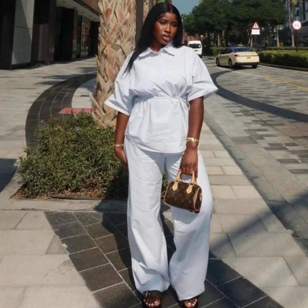 ZARA Plus Size Women 2 Piece Set Lapel Short Sleeve Fitted Blouse Wide Leg Pants